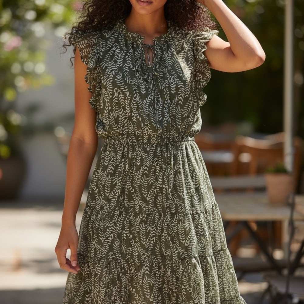 Cato Green Leaf Pattern Midi Dress